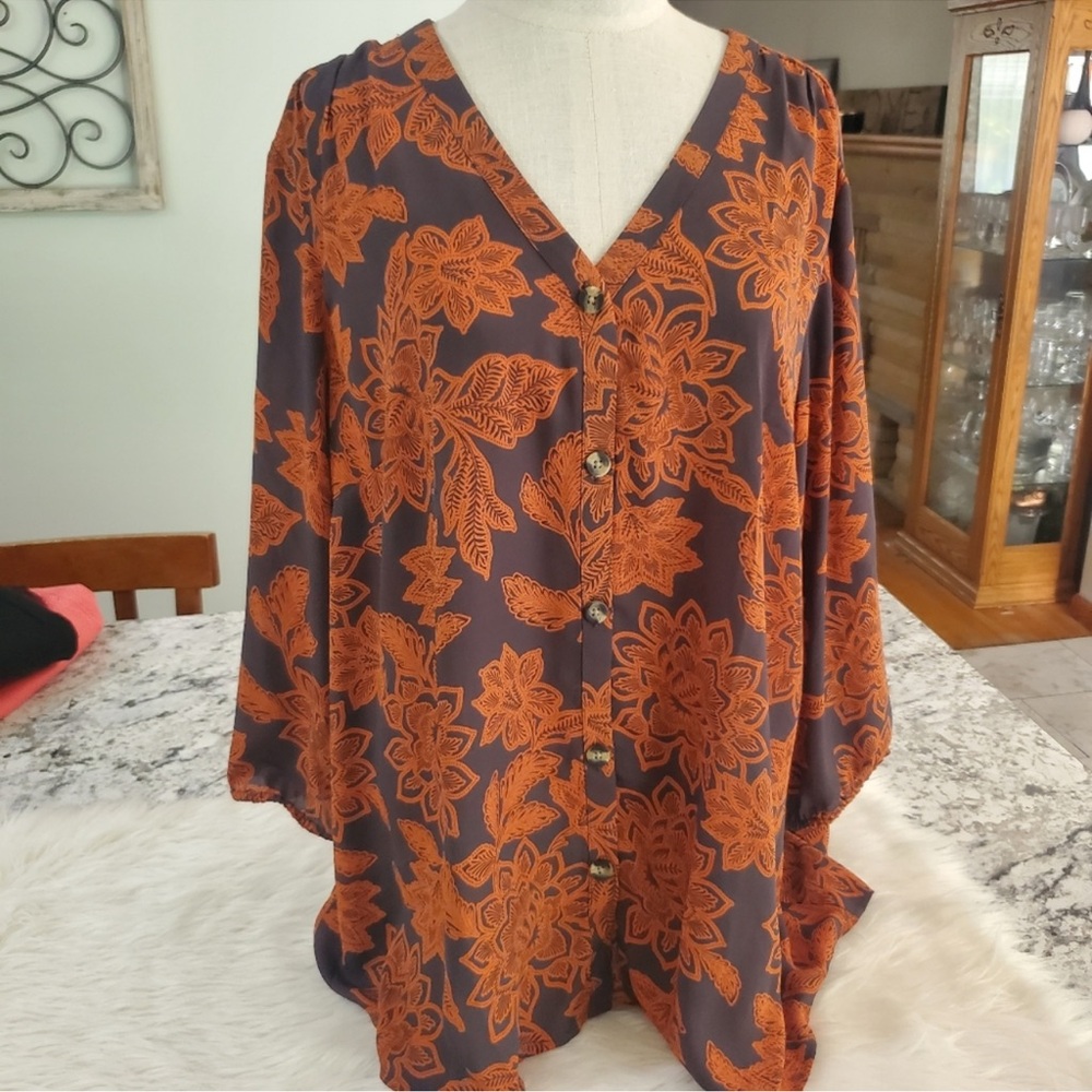 Maurices Medium Orange and Charcoal Floral 3/4 Button Up Blouse
